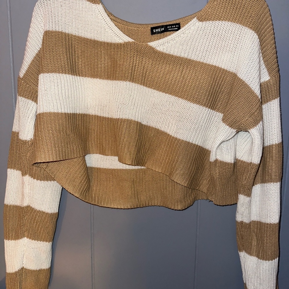 SHEIN Tan and White V-Neck Striped Sweater